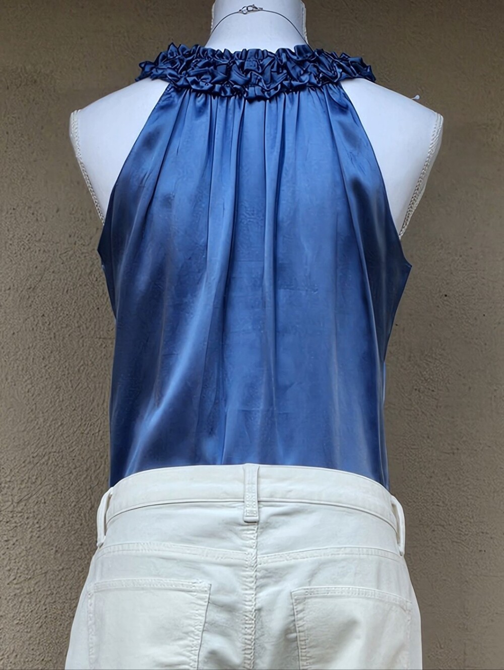 Max Studio Blue Silk Ruffle V-Neck Sleevless Top Sz Sm - Picture 4 of 8